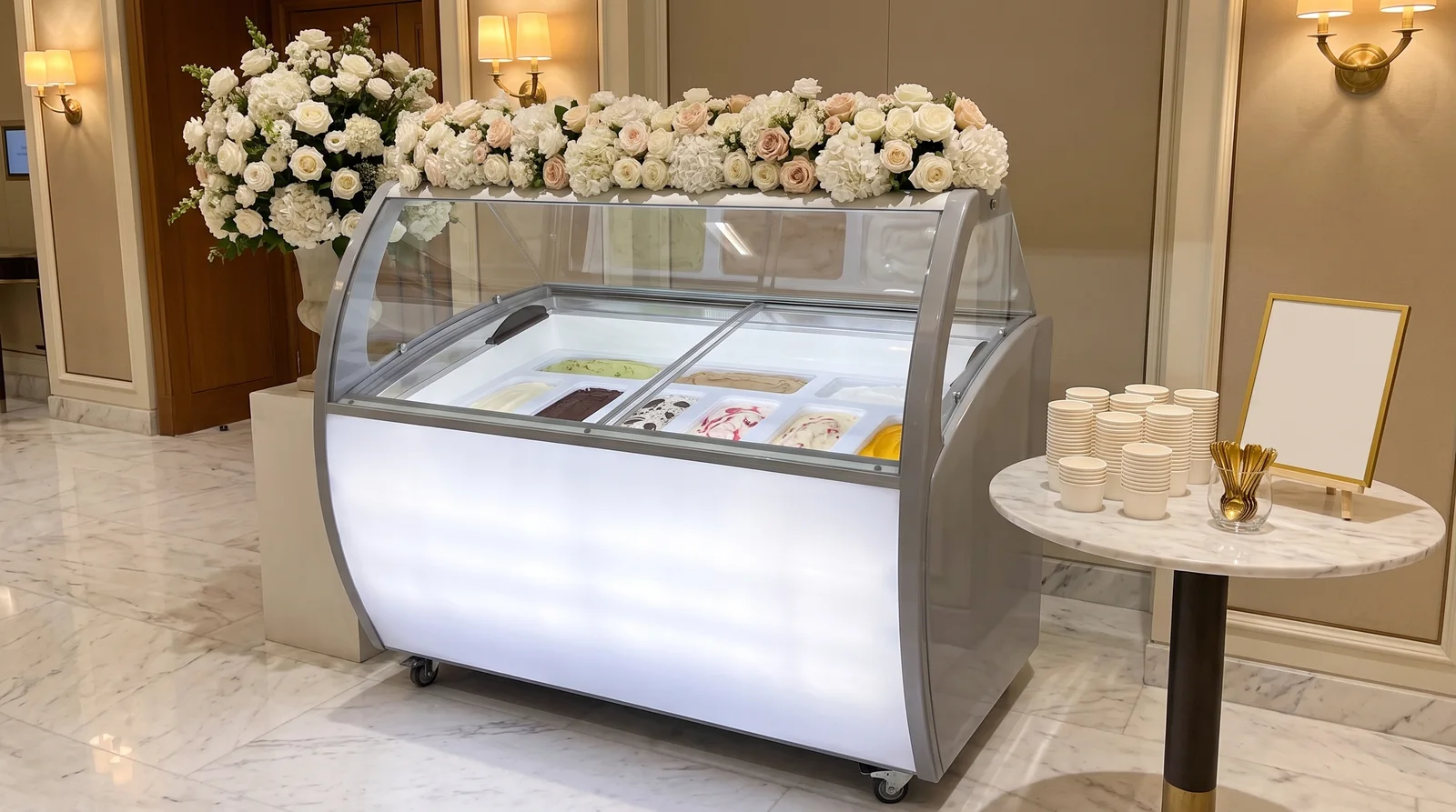 The decorated gelato freezer as a dessert corner centrepiece