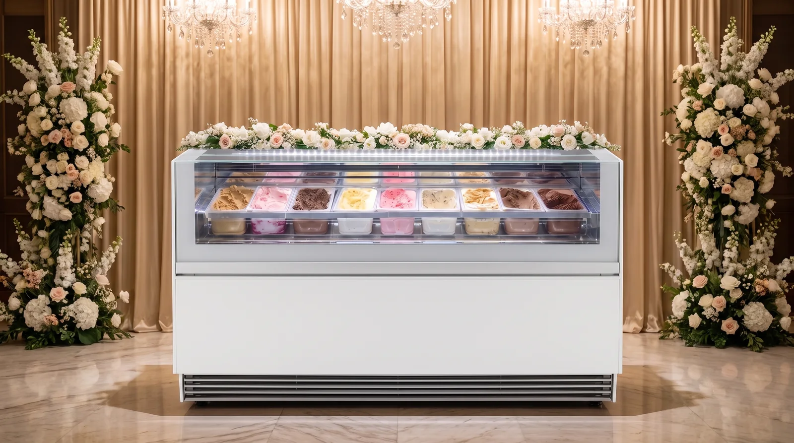 ISA showcase gelato freezer dressed with florals in a wedding ballroom