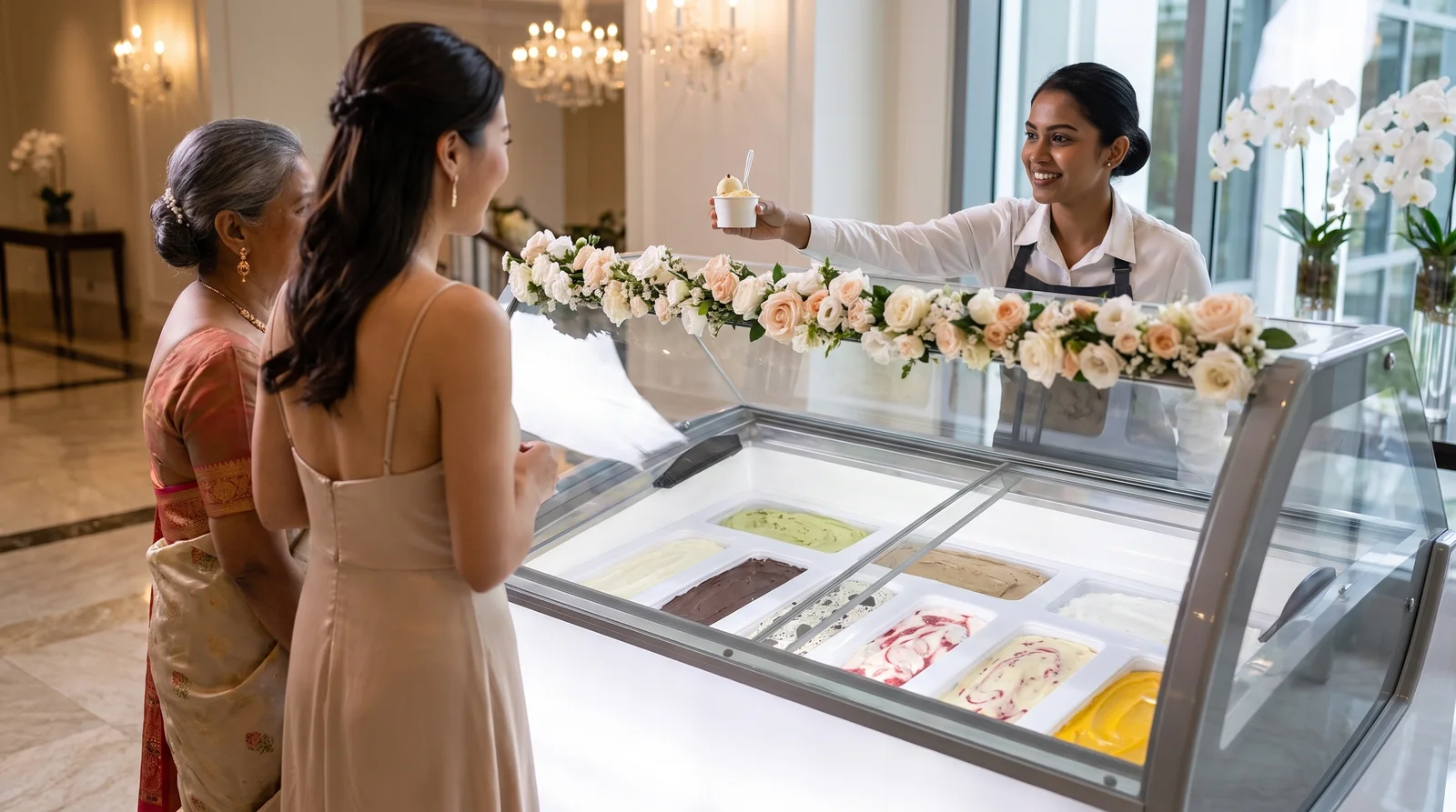 Server handing a cup of gelato to wedding guests