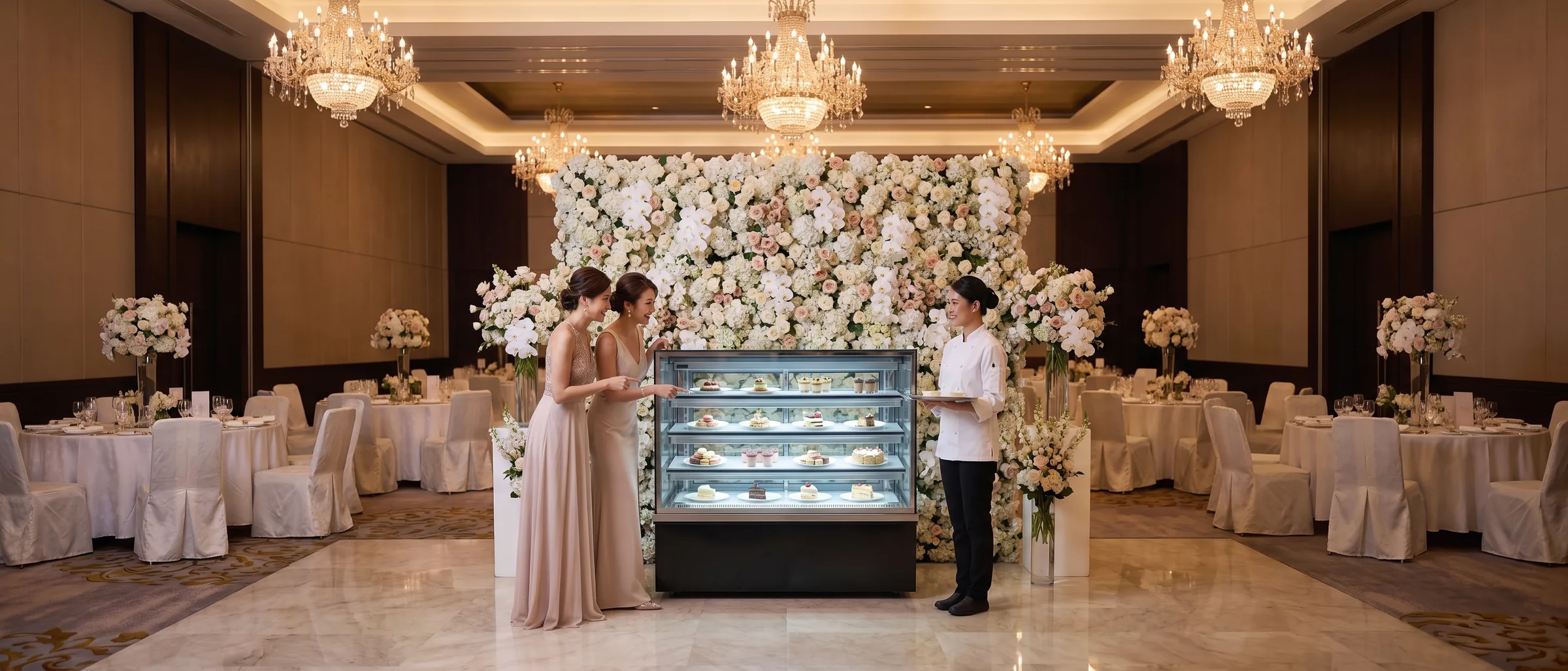 AANRS cake chiller rental Singapore, a four-layer glass cake display chiller lit at a hotel ballroom wedding dessert table