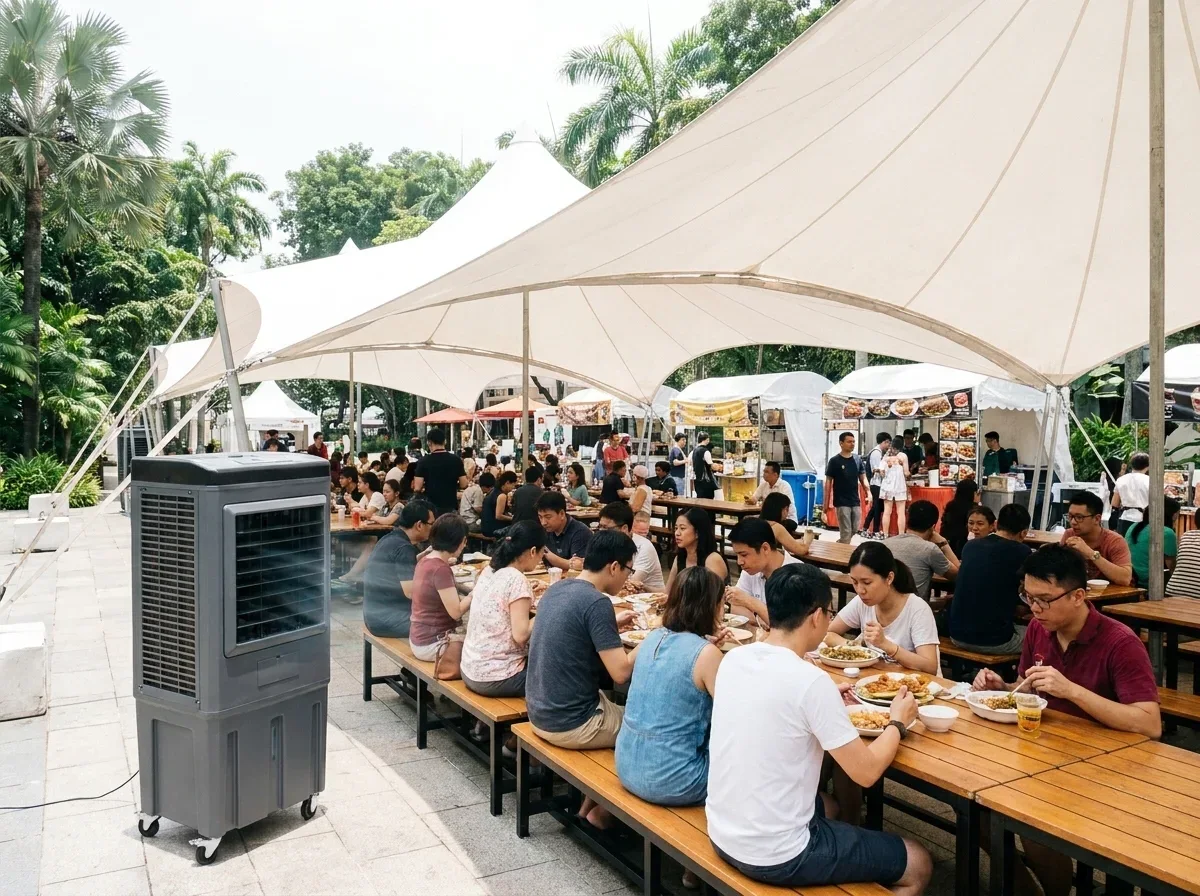 AANRS air cooler rental Singapore, beside communal dining tables at an outdoor food festival