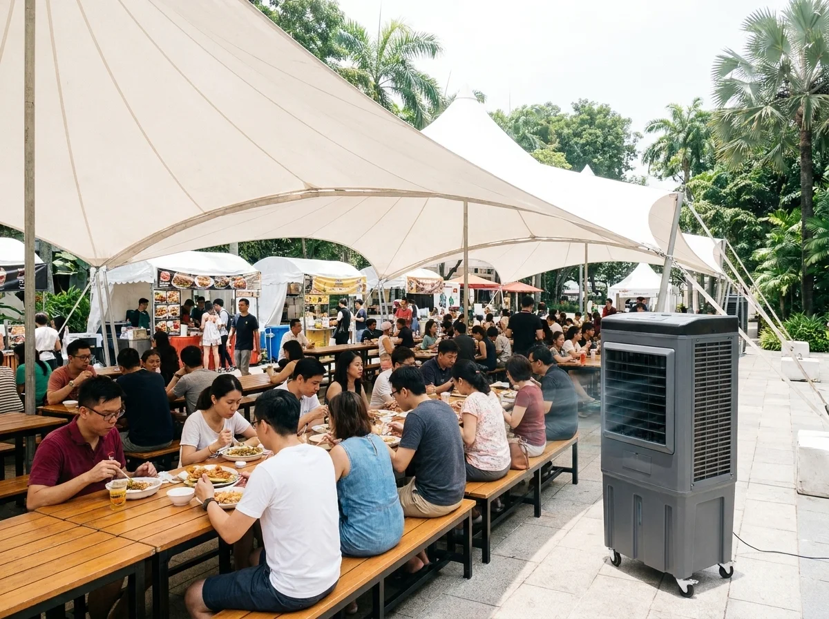 AANRS air cooler rental Singapore, beside communal dining tables at an outdoor food festival