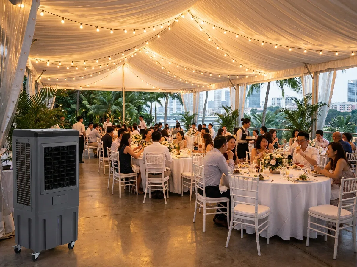 AANRS air cooler rental Singapore, cooling an evening marquee wedding dinner