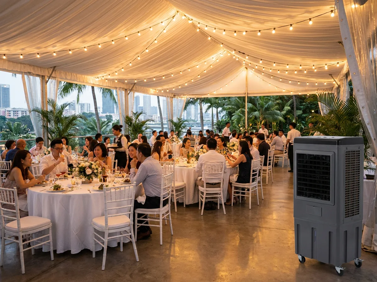 AANRS air cooler rental Singapore, cooling an evening marquee wedding dinner
