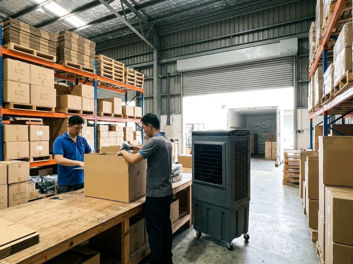 AANRS air cooler rental Singapore, directed airflow over a warehouse packing bench