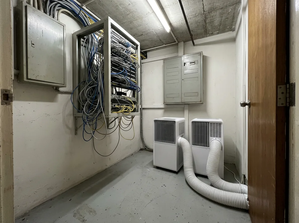 AANRS portable aircon rental Singapore, cooling a cramped comms riser cupboard