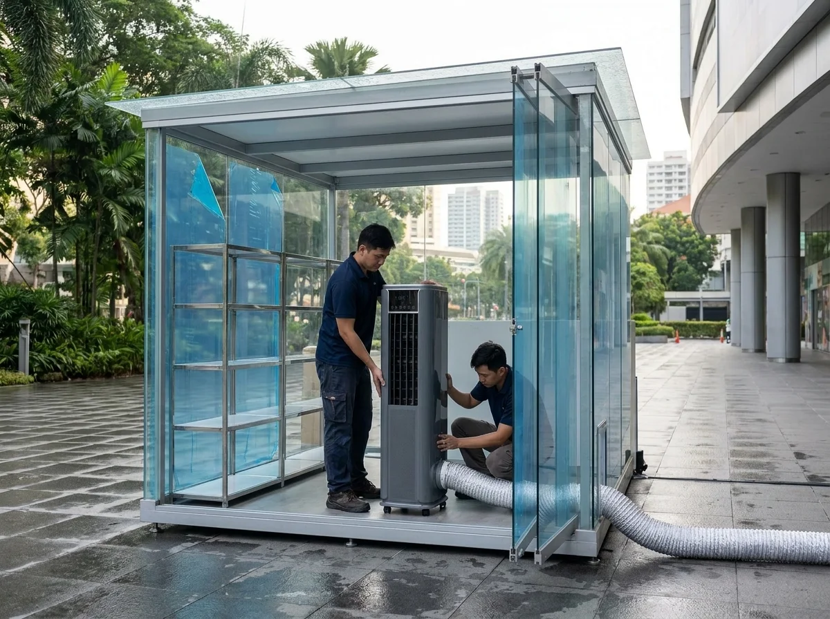 AANRS portable aircon rental Singapore, crew positioning a unit inside a glass pop-up before opening