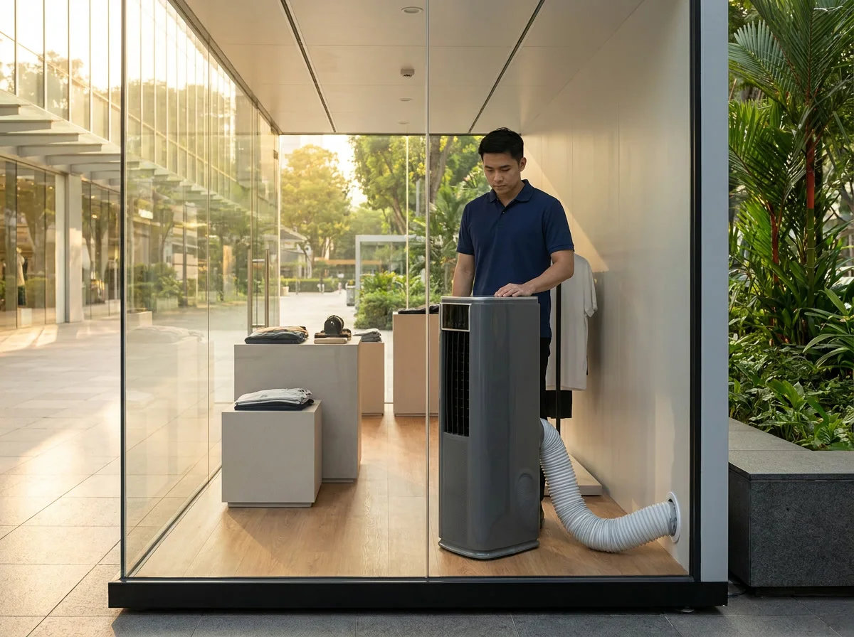 AANRS portable aircon rental Singapore, crew run-testing a unit inside a finished pop-up before opening
