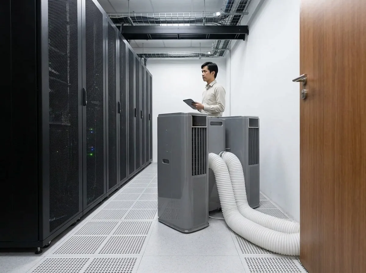 AANRS portable aircon rental Singapore, units in the cold aisle of a data centre white space