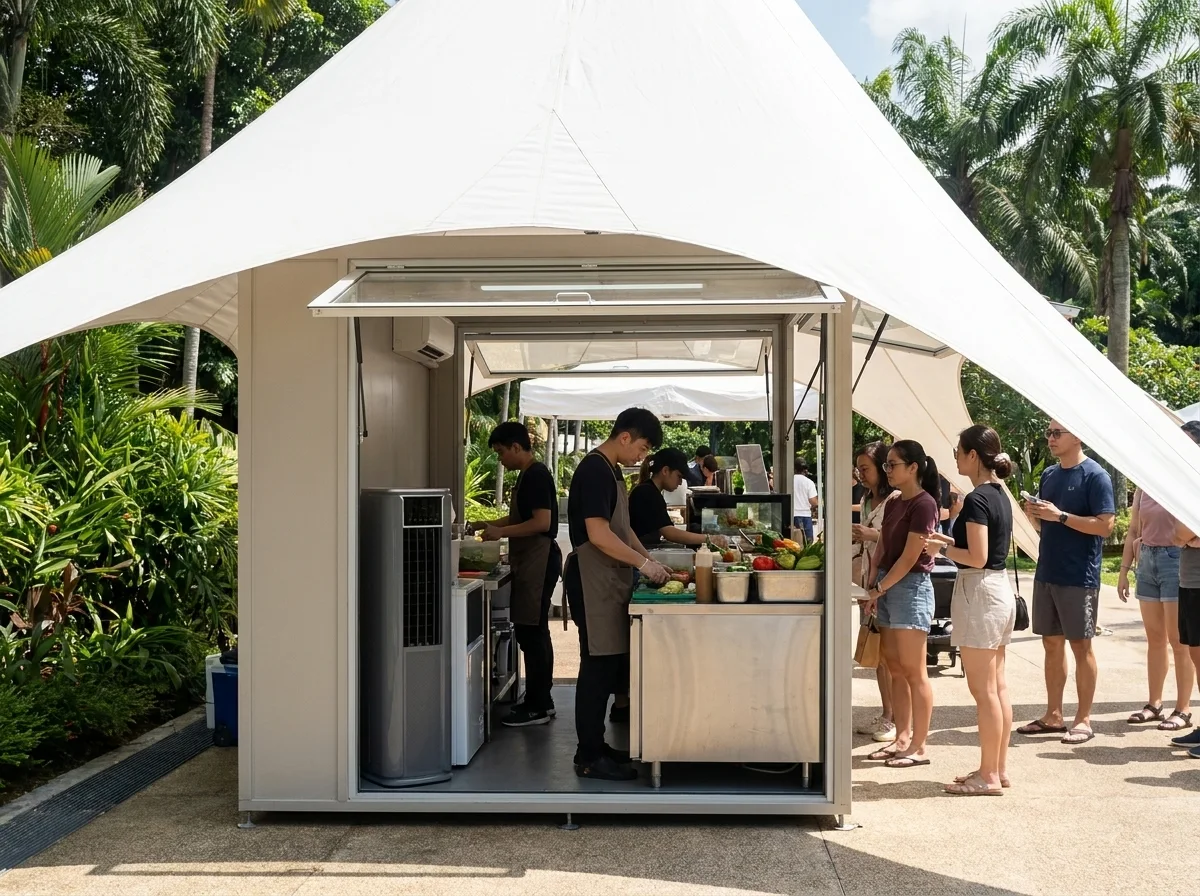 AANRS portable aircon rental Singapore, cooling an enclosed food preparation cabin at an outdoor event