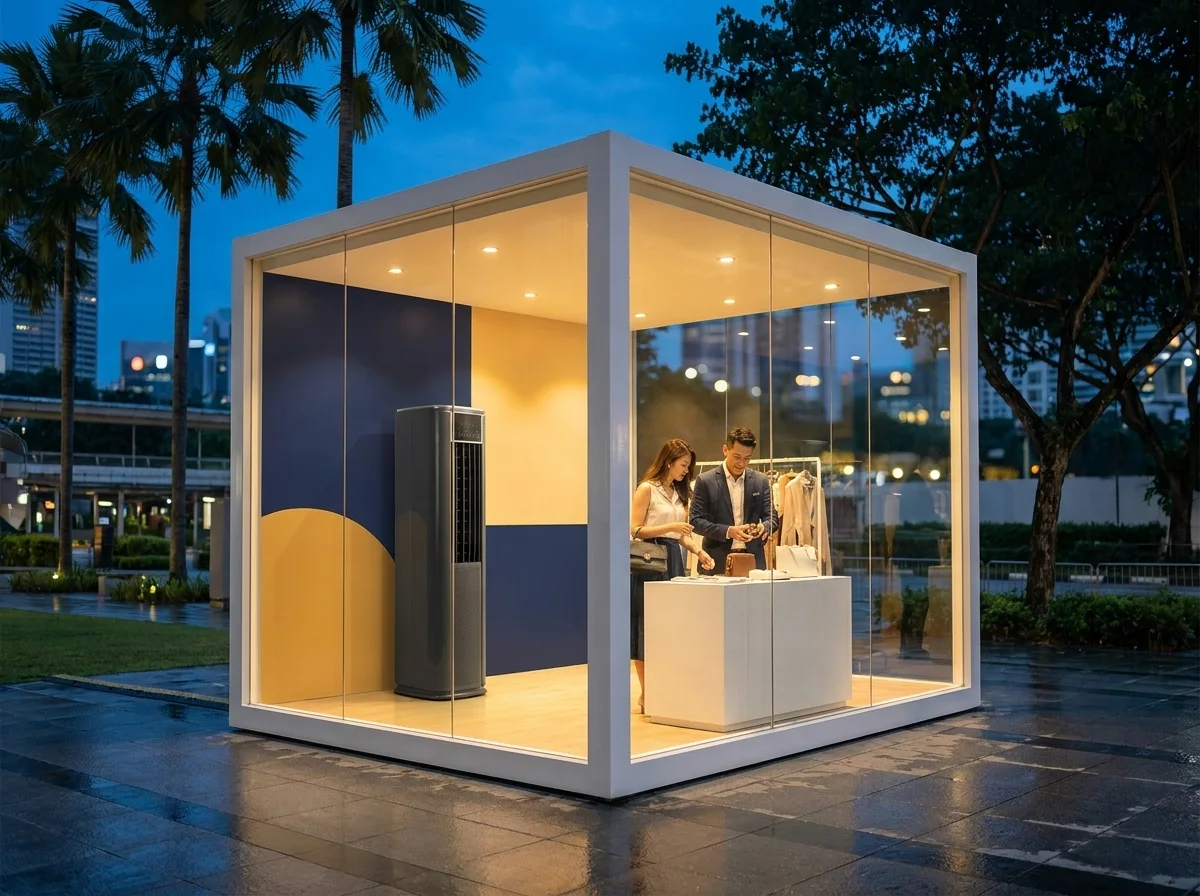 AANRS portable aircon rental Singapore, cooling a glass-walled pop-up store on a mall forecourt at dusk