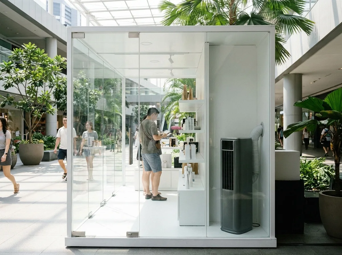 AANRS portable aircon rental Singapore, slim unit standing against the wall inside a small pop-up store