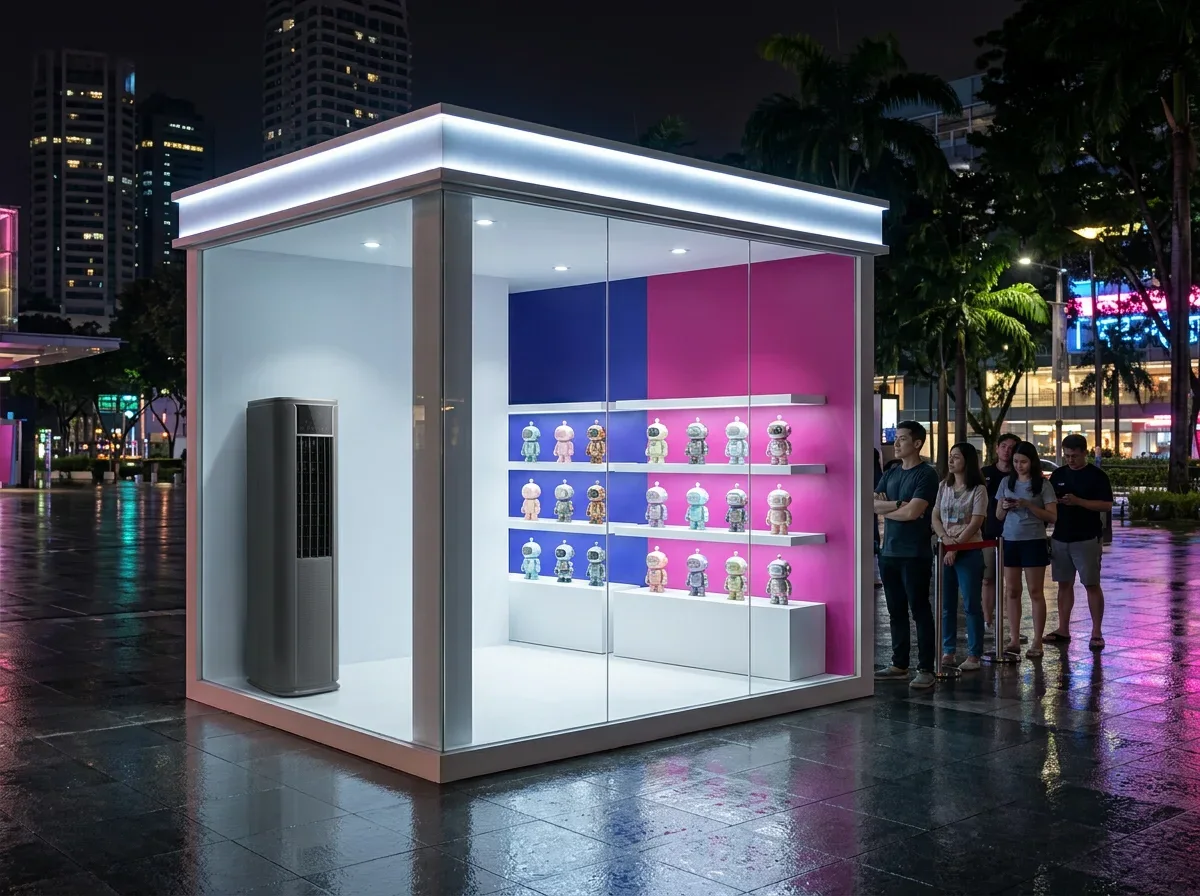 AANRS portable aircon rental Singapore, unit tucked against the wall inside a lit glass pop-up at night