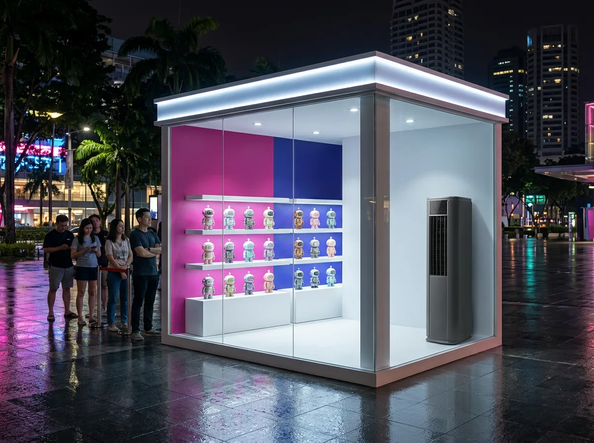 AANRS portable aircon rental Singapore, unit tucked against the wall inside a lit glass pop-up at night