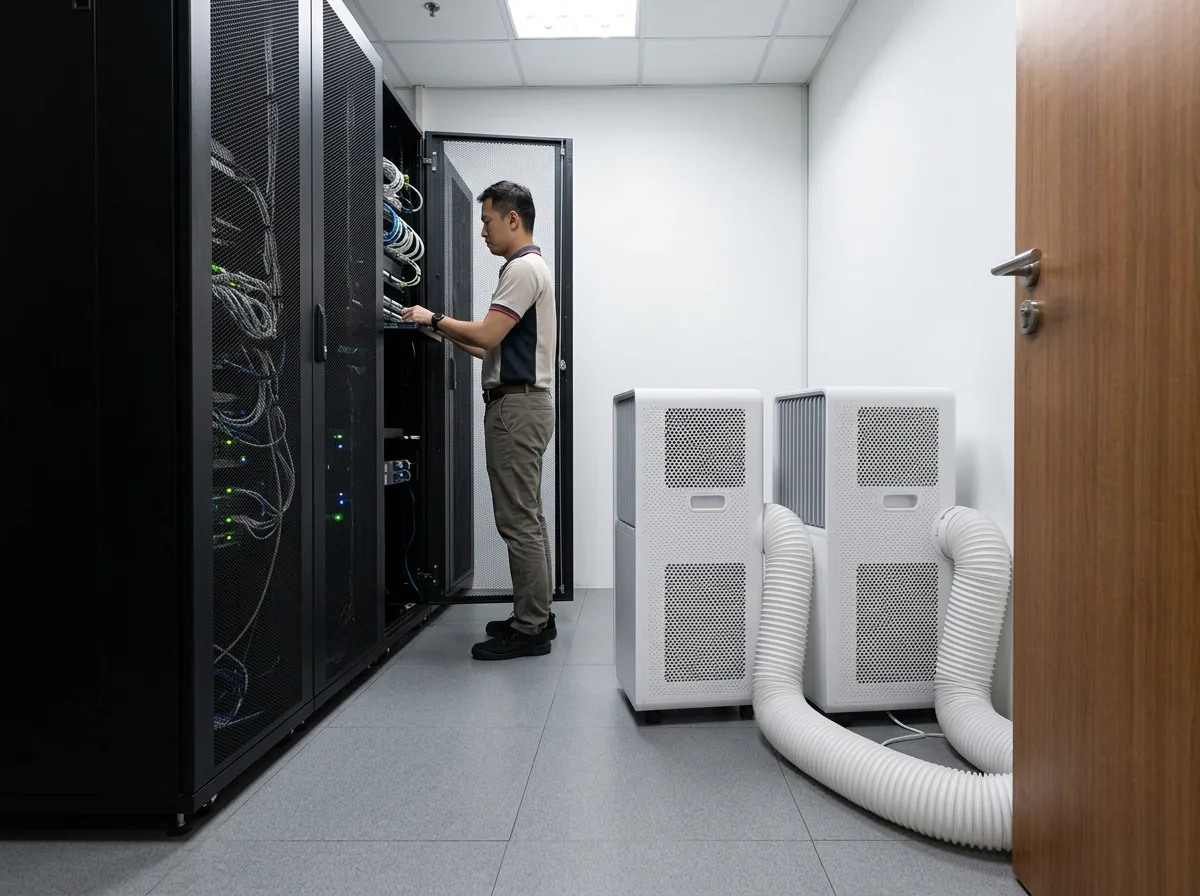 AANRS portable aircon rental Singapore, two compact units aimed at the server rack fronts