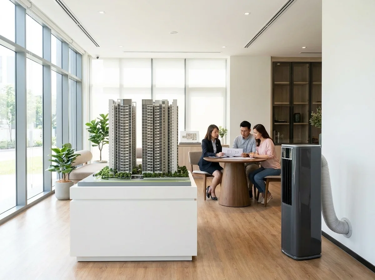 AANRS portable aircon rental Singapore, unit with exhaust duct in a showflat sales gallery
