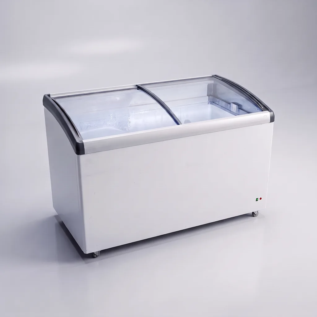 AANRS glass chest freezer rental Singapore, 420L Glass Display Chest Freezer, full unit on a plain studio background
