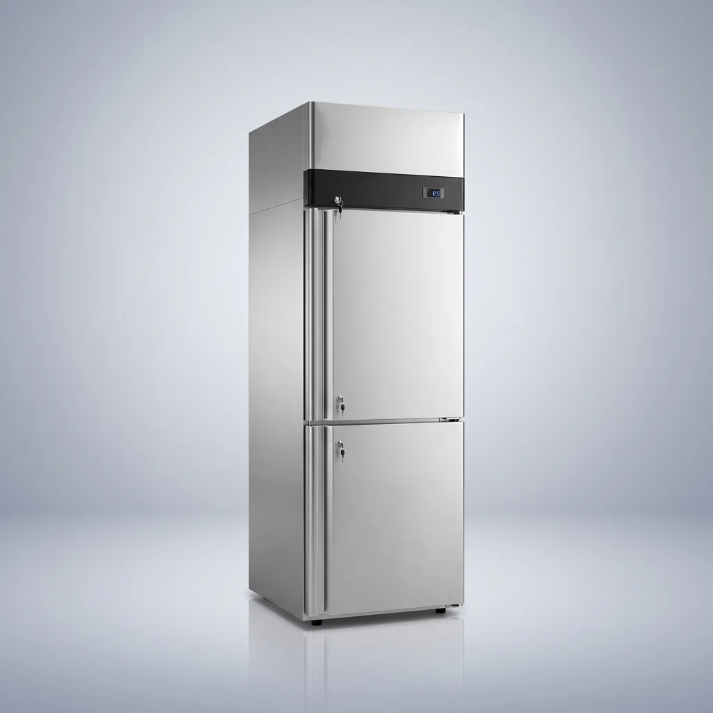 AANRS upright chiller rental Singapore, A.Kojima 2-door Upright Stainless-Steel Fridge (Chiller), full unit on a plain studio background