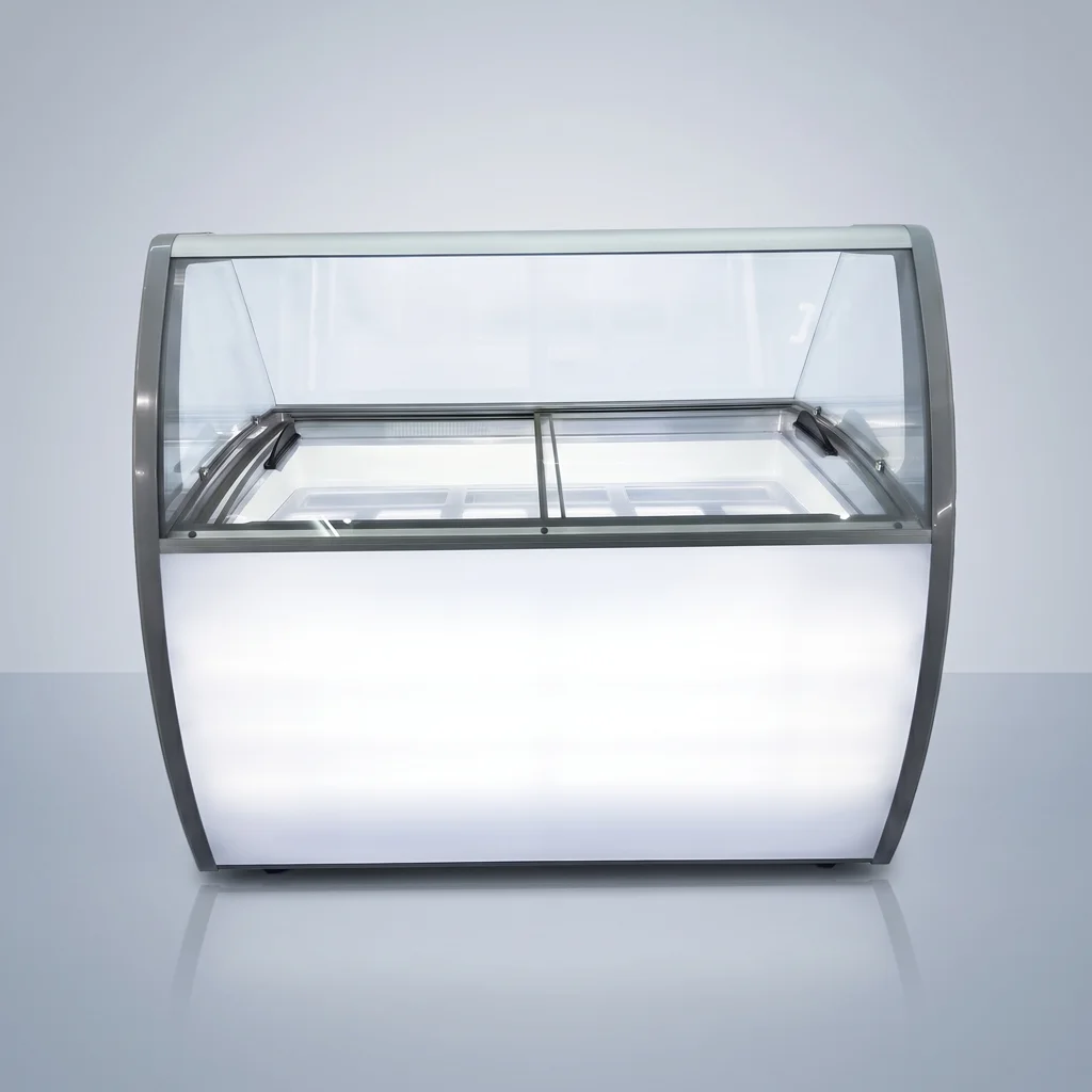 AANRS gelato freezer rental Singapore, Gelato Display Dual Door Freezer 9 Tub (Indoor / Outdoor Event), full unit on a plain studio background