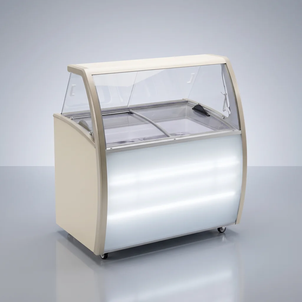 AANRS gelato freezer rental Singapore, Gelato Display Dual Door Freezer 6 Tub (Indoor / Outdoor Event), full unit on a plain studio background