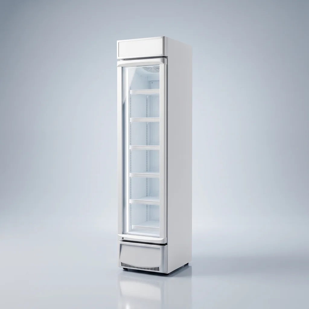 AANRS drink chiller rental Singapore, Hiron Glass Display 1 Door Chiller, full unit on a plain studio background