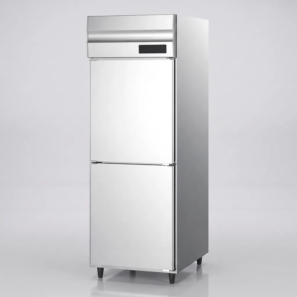 AANRS upright chiller rental Singapore, Hoshizaki 2-door Upright Stainless-Steel Fridge (Chiller), full unit on a plain studio background