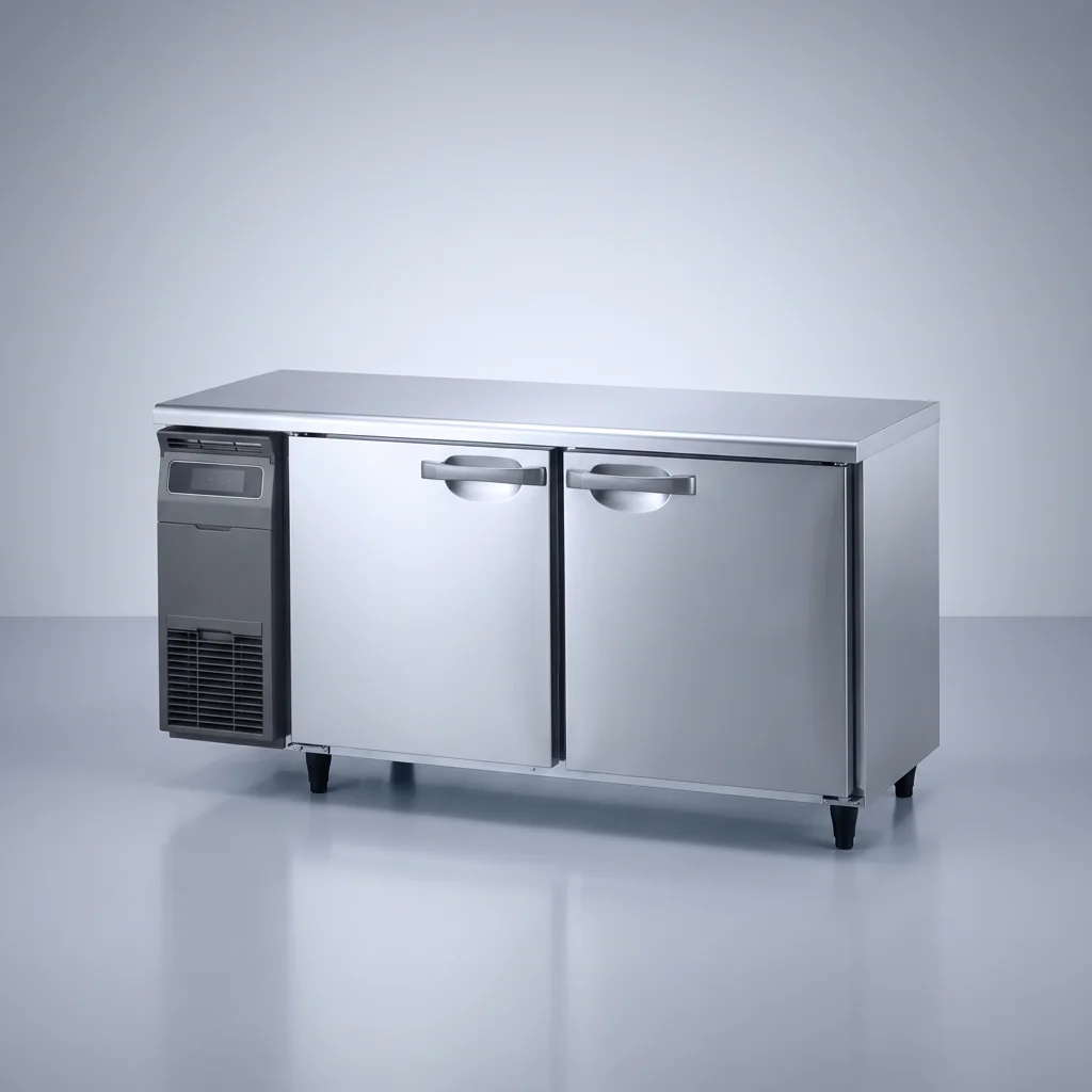 AANRS undercounter chiller rental Singapore, Hoshizaki FT-150SDG-1 2-Door Inverter Undercounter Freezer (Made in Japan), full unit on a plain studio background