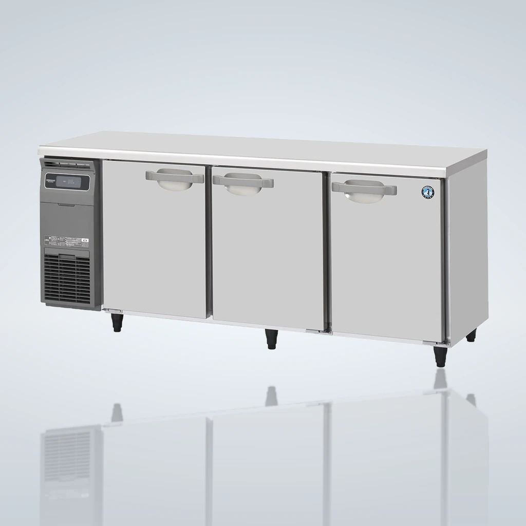AANRS undercounter chiller rental Singapore, Hoshizaki RT-180SNG-1 3-Door Inverter Undercounter Chiller (Made in Japan), full unit on a plain studio background