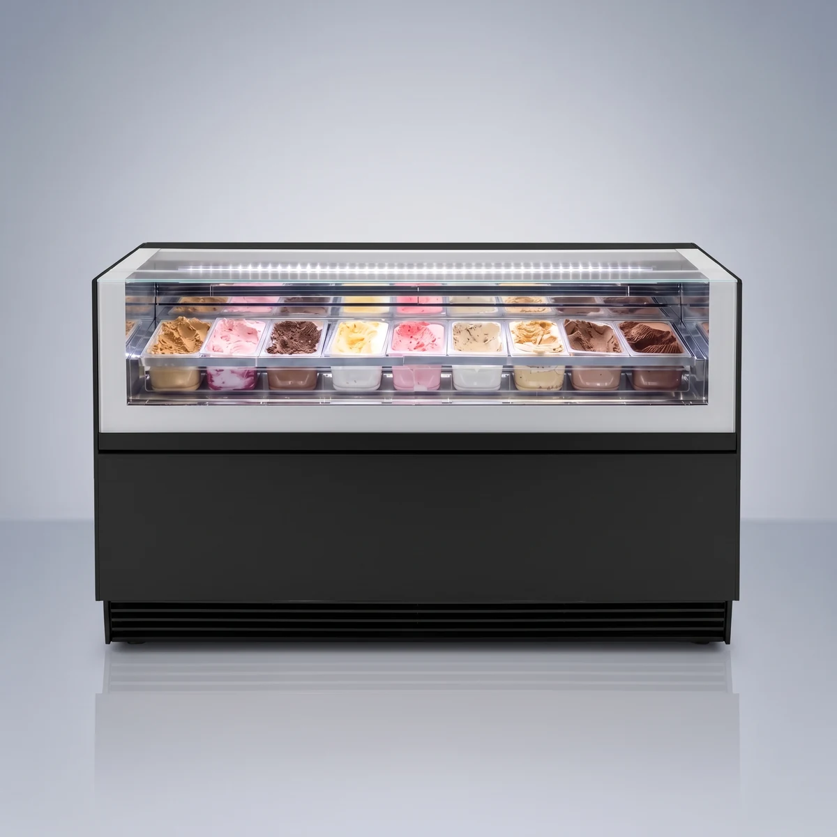 AANRS ISA gelato display showcase freezer 9 tub rental Singapore, black cabinet with lit glass showcase of gelato pans