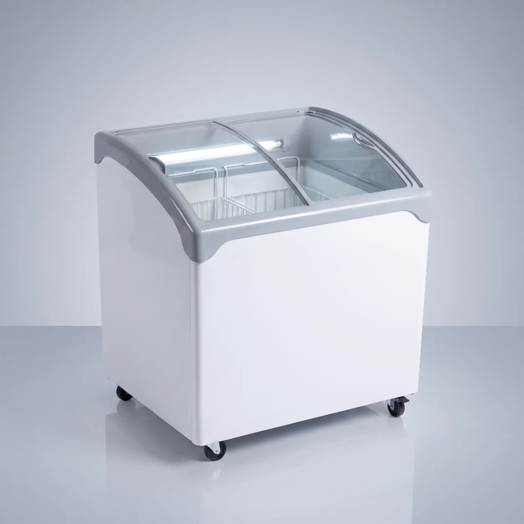 AANRS glass chest freezer rental Singapore, ISA Glass Display Chest Freezer W/Lights 180L, full unit on a plain studio background