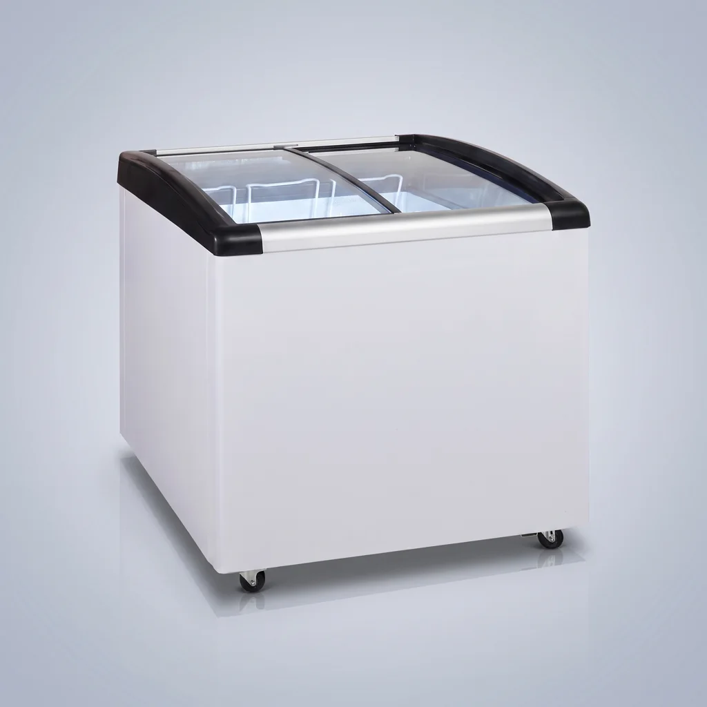 AANRS glass chest freezer rental Singapore, Kadeka Glass Display Chest Freezer W/Lights 165L, full unit on a plain studio background