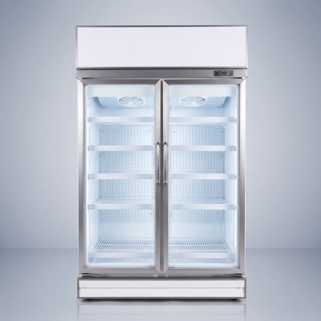 AANRS drink chiller rental Singapore, KINCO 1030L Glass Display 2 Door Drink Chiller, full unit on a plain studio background