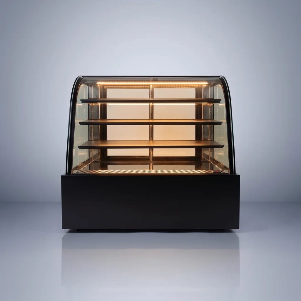 AANRS cake chiller rental Singapore, KINCO Four-Layer Cake Display Chiller S120L4-B-W (Warm LED / 120cm / Black Finishing), full unit on a plain studio background