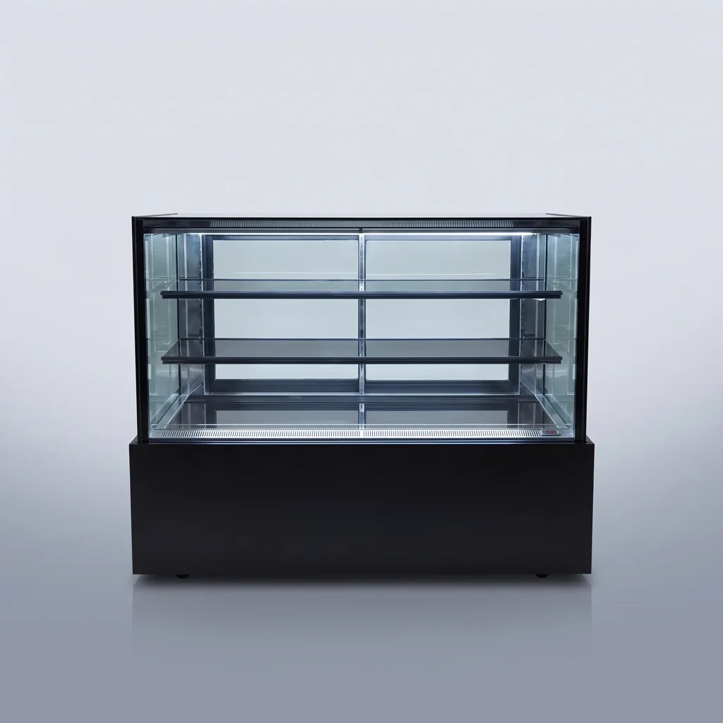 AANRS cake chiller rental Singapore, KINCO Three-Layer Cake Display Chiller P150L3-B-C (White LED / 150cm / Black Finishing), full unit on a plain studio background