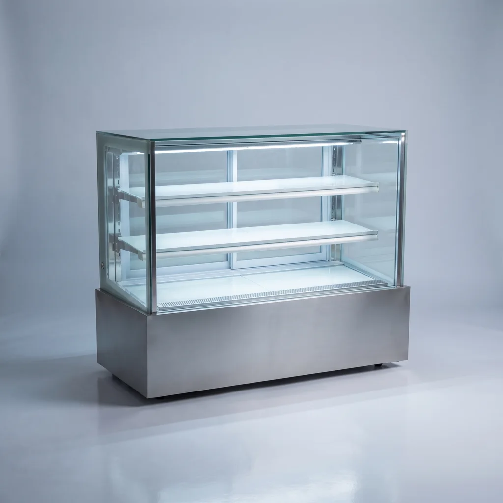 AANRS cake chiller rental Singapore, KINCO Three-Layer Cake Display Chiller P120L3-S-C (White LED / 120cm / Steel Finishing), full unit on a plain studio background