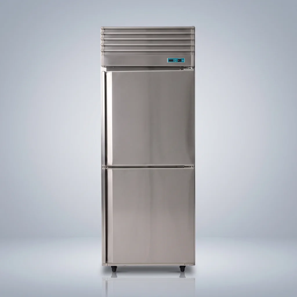 AANRS upright chiller rental Singapore, Kojima 2-door Upright Stainless-Steel Fridge (Chiller), full unit on a plain studio background