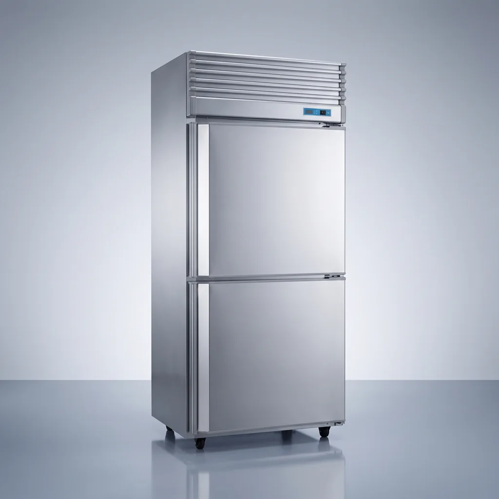 AANRS upright freezer rental Singapore, Kojima 2-door Upright Stainless-Steel Fridge (Freezer), full unit on a plain studio background
