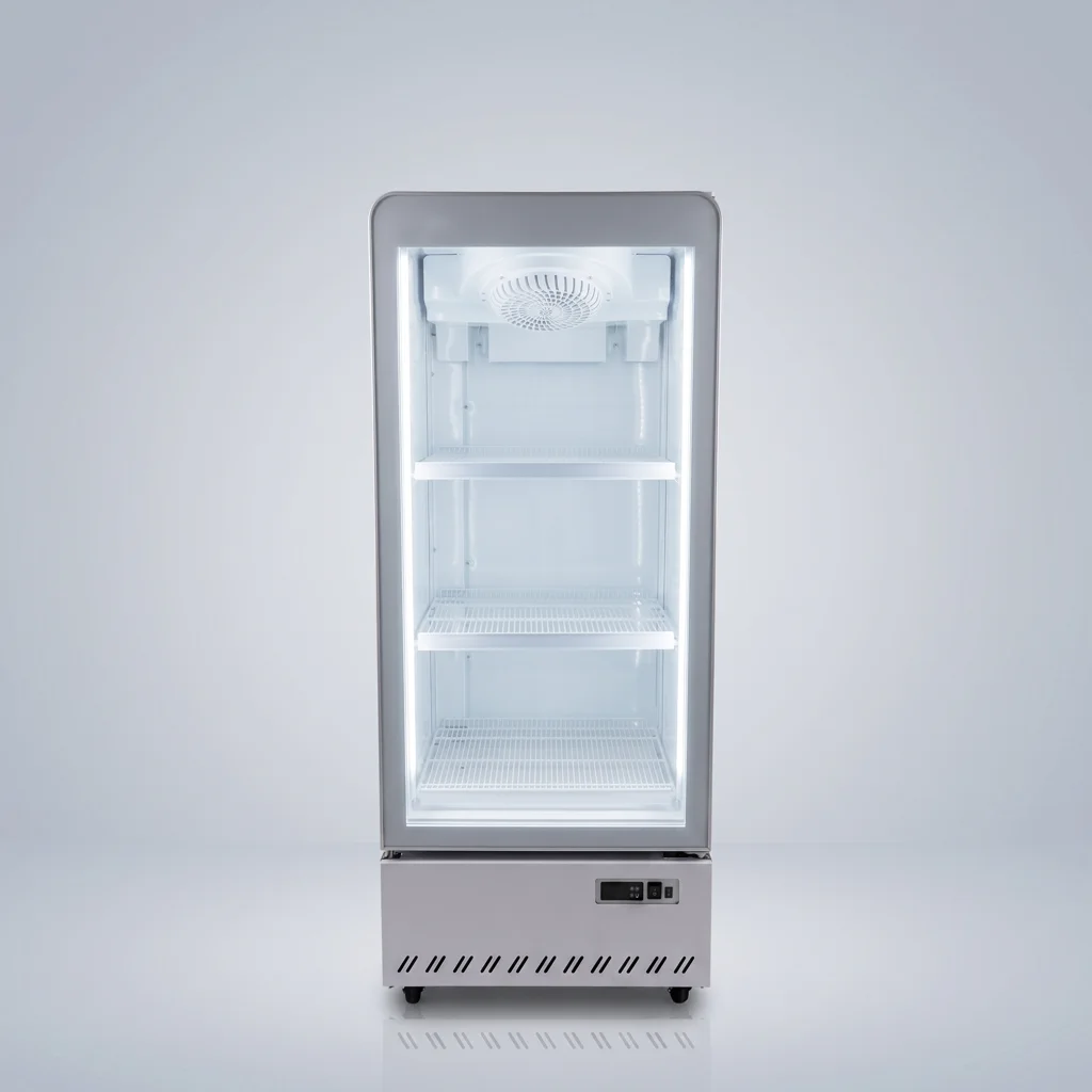 AANRS drink chiller rental Singapore, Kojima 255L Glass Display 1 Door Drink Chiller, full unit on a plain studio background