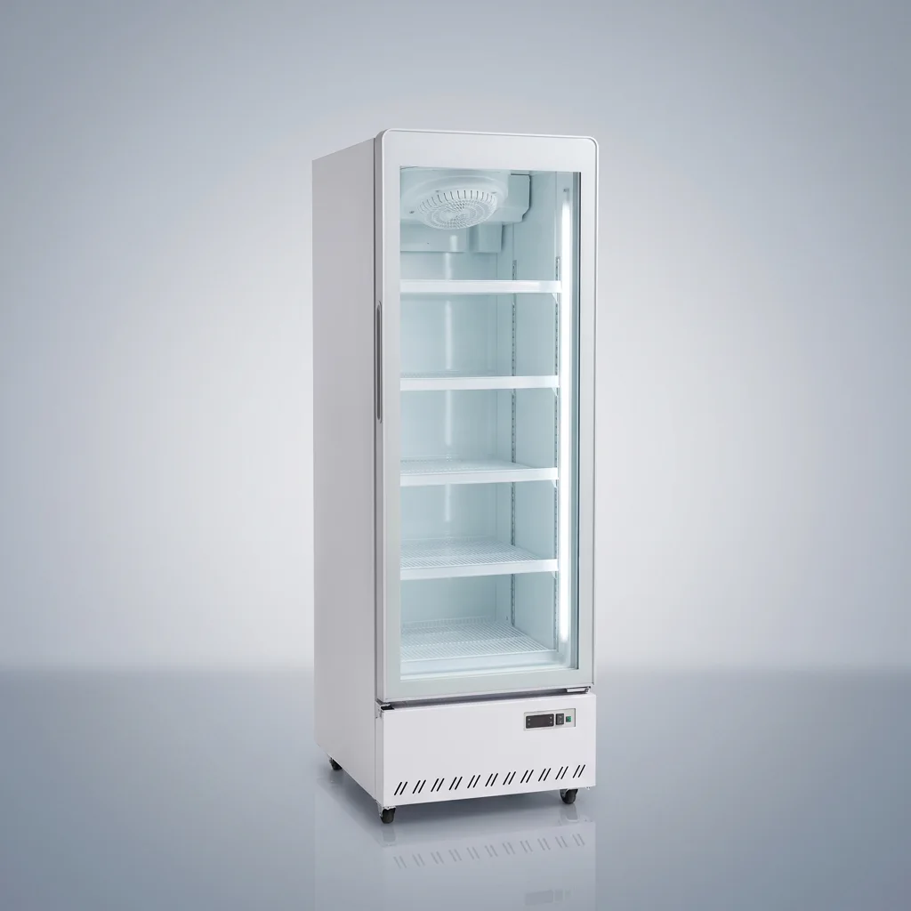 AANRS drink chiller rental Singapore, Kojima 380L Glass Display 1 Door Drink Chiller, full unit on a plain studio background