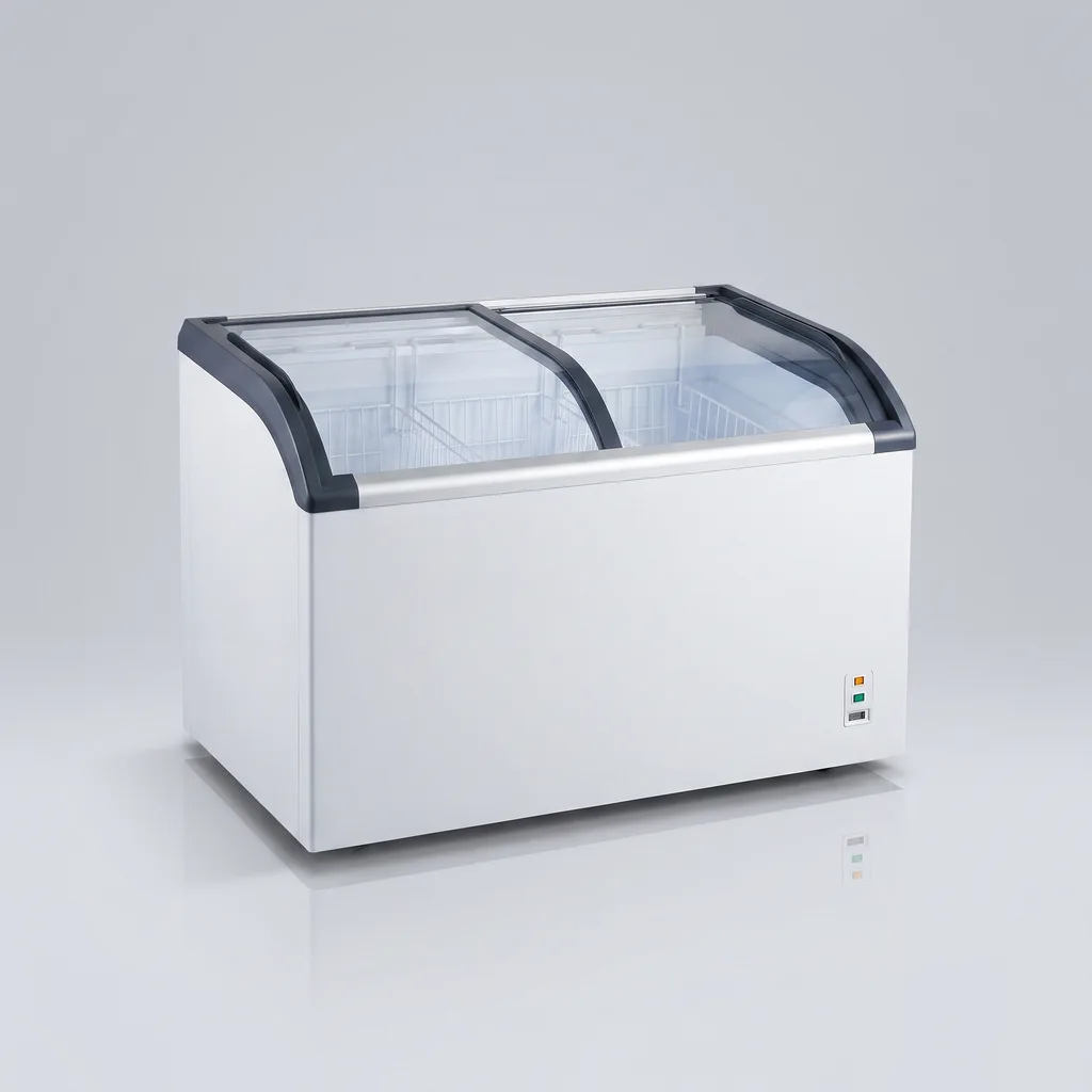 AANRS glass chest freezer rental Singapore, Kojima 420L Glass Display Chest Freezer, full unit on a plain studio background