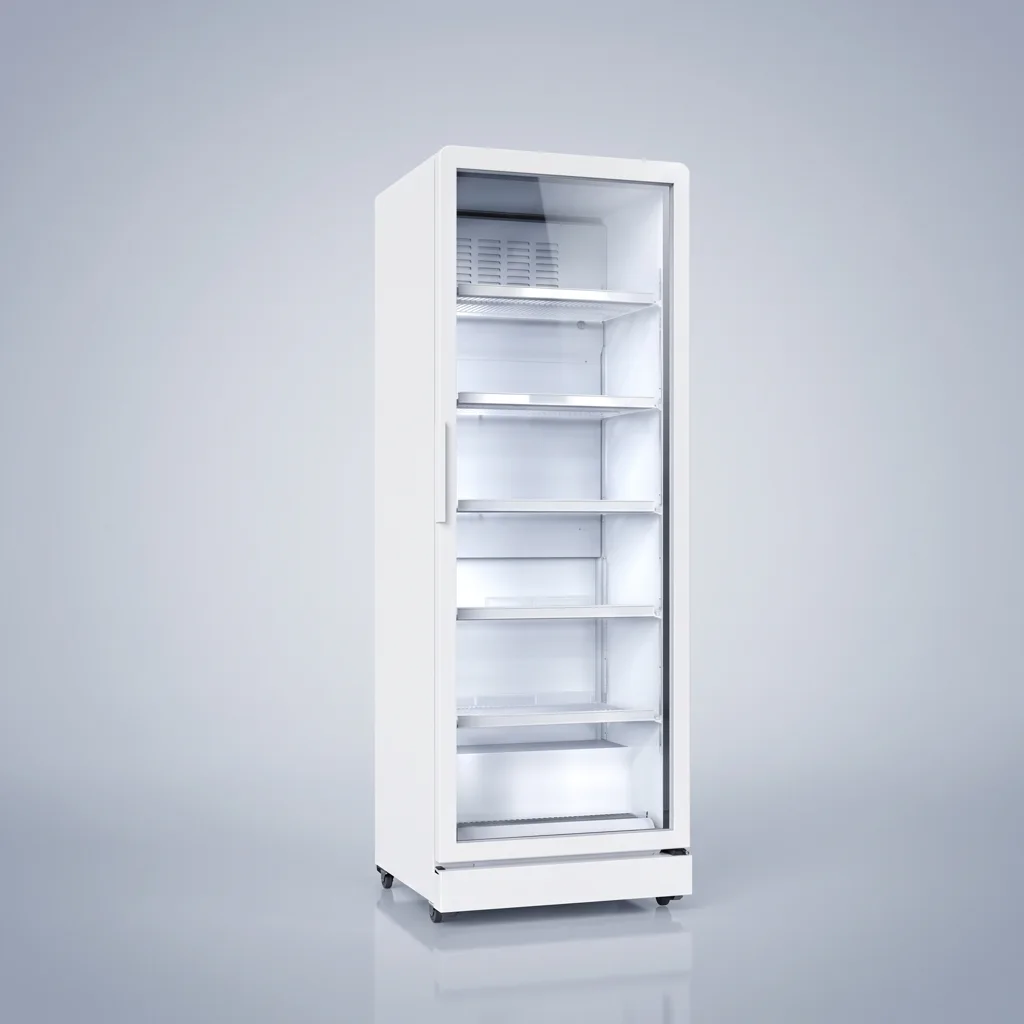 AANRS drink chiller rental Singapore, Kojima 434L Glass Display 1 Door Drink Chiller, full unit on a plain studio background