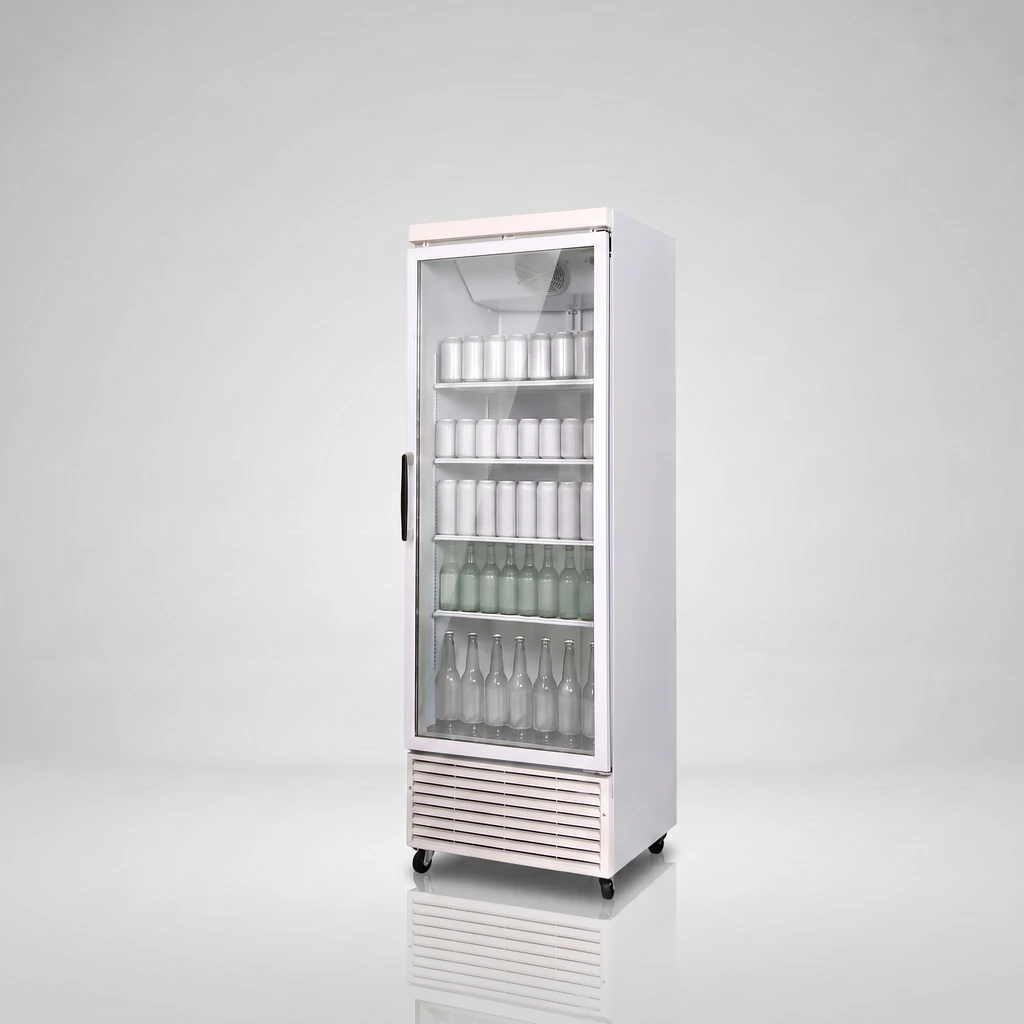 AANRS drink chiller rental Singapore, Kojima 515L Glass Display 1 Door Drink Chiller, full unit on a plain studio background