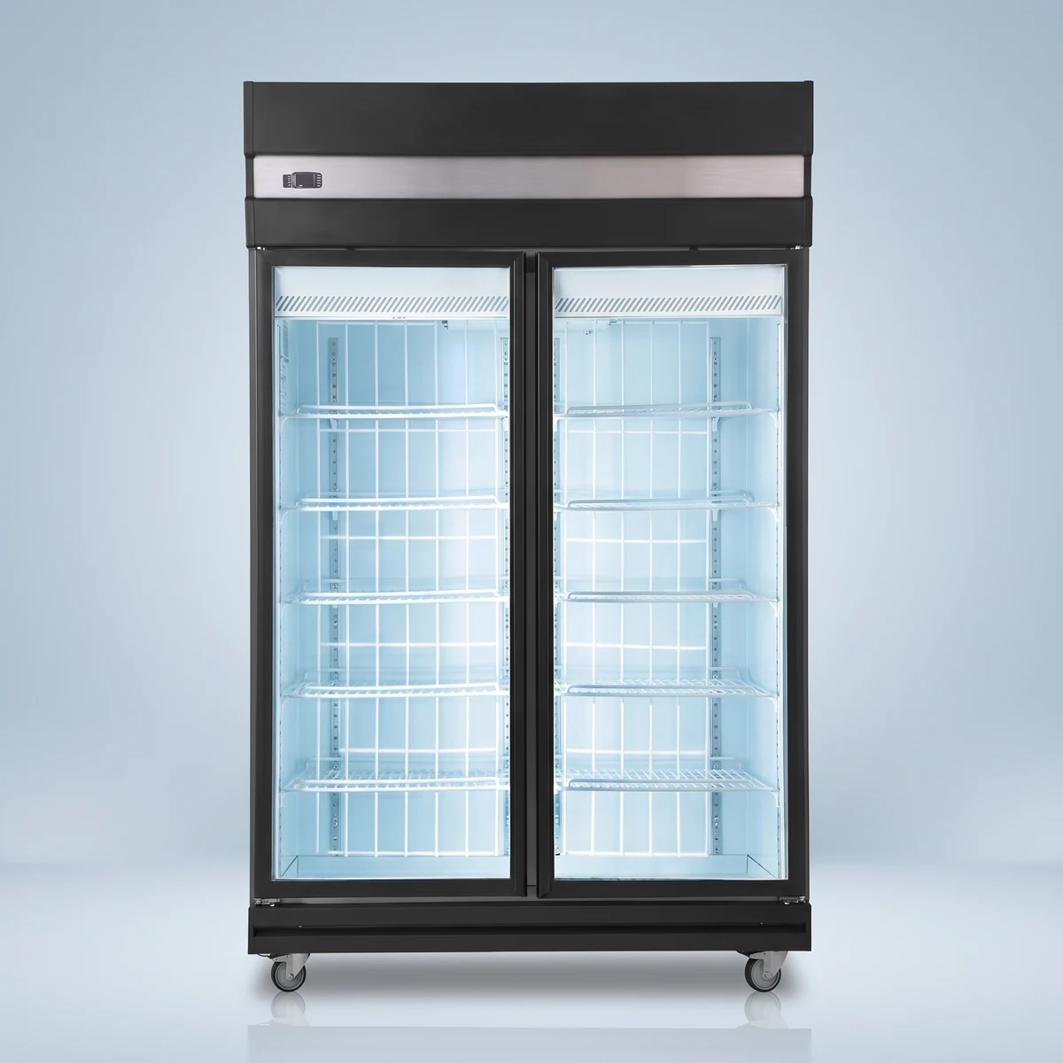 AANRS Kojima 882L two-door glass display freezer rental Singapore, black cabinet with lit glass doors and wire shelves