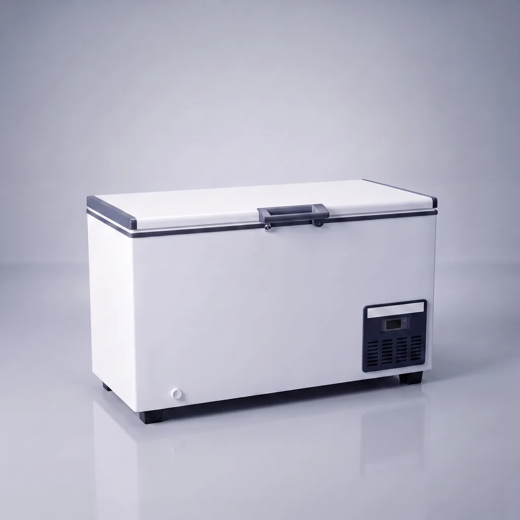 AANRS chest freezer rental Singapore, Kojima Deep Freezer 420L, full unit on a plain studio background