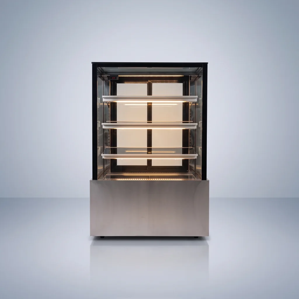 AANRS cake chiller rental Singapore, Kojima Four-Layer Cake Display Chiller B90L4F-S-W (Warm LED / 90cm / Steel Finishing), full unit on a plain studio background
