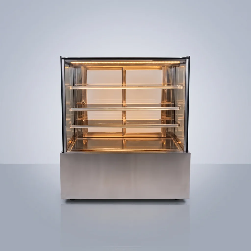 AANRS cake chiller rental Singapore, Kojima Four-Layer Cake Display Chiller B120L4-S-W (Warm LED / 120cm / Steel Finishing), full unit on a plain studio background