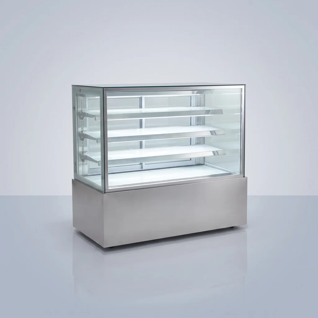 AANRS cake chiller rental Singapore, Kojima Four-Layer Cake Display Chiller P150L4-S-C (White LED / 150cm / Steel Finishing), full unit on a plain studio background