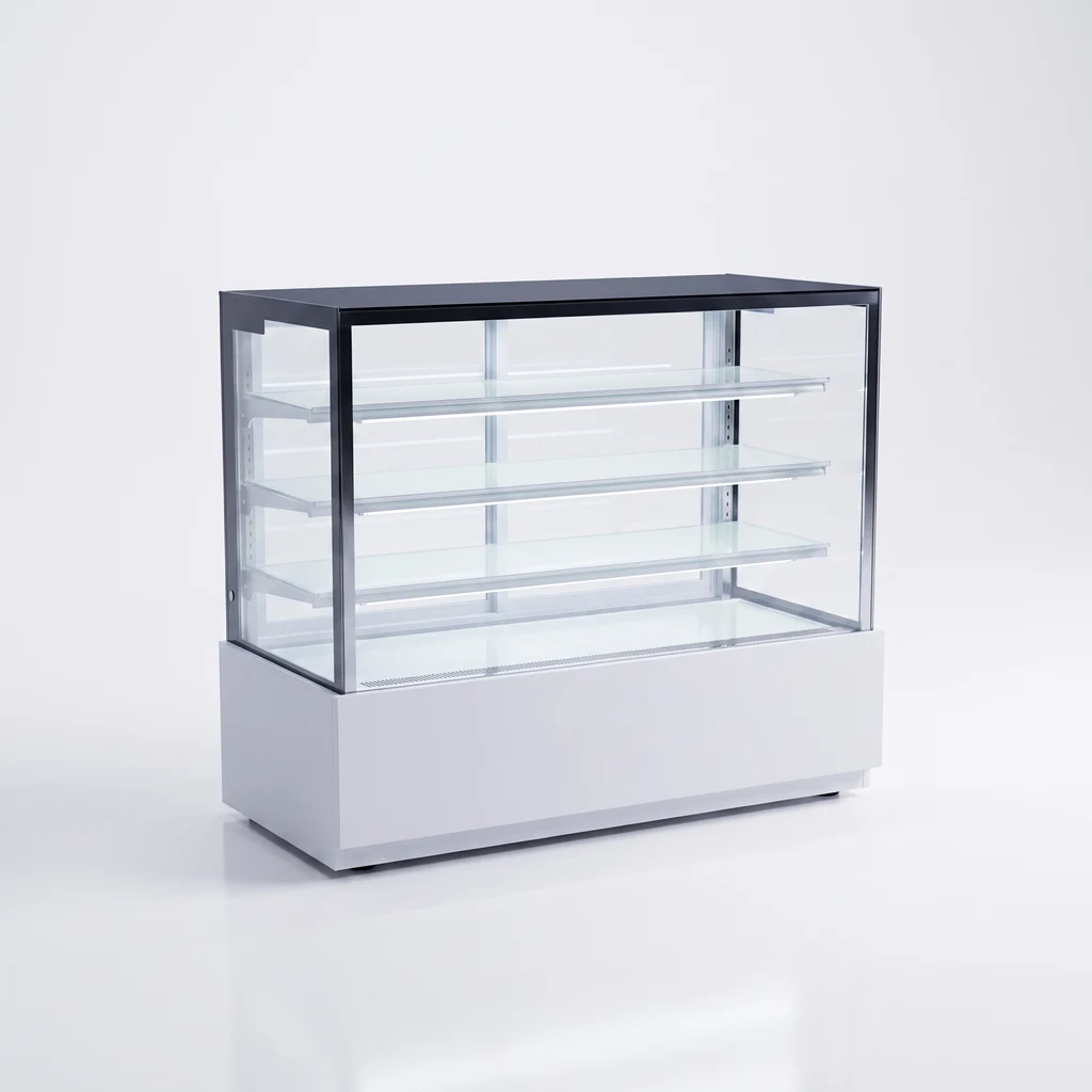 AANRS cake chiller rental Singapore, Kojima Four-Layer Cake Display Chiller P120L4-W-C (White LED / 120cm / White Finishing), full unit on a plain studio background