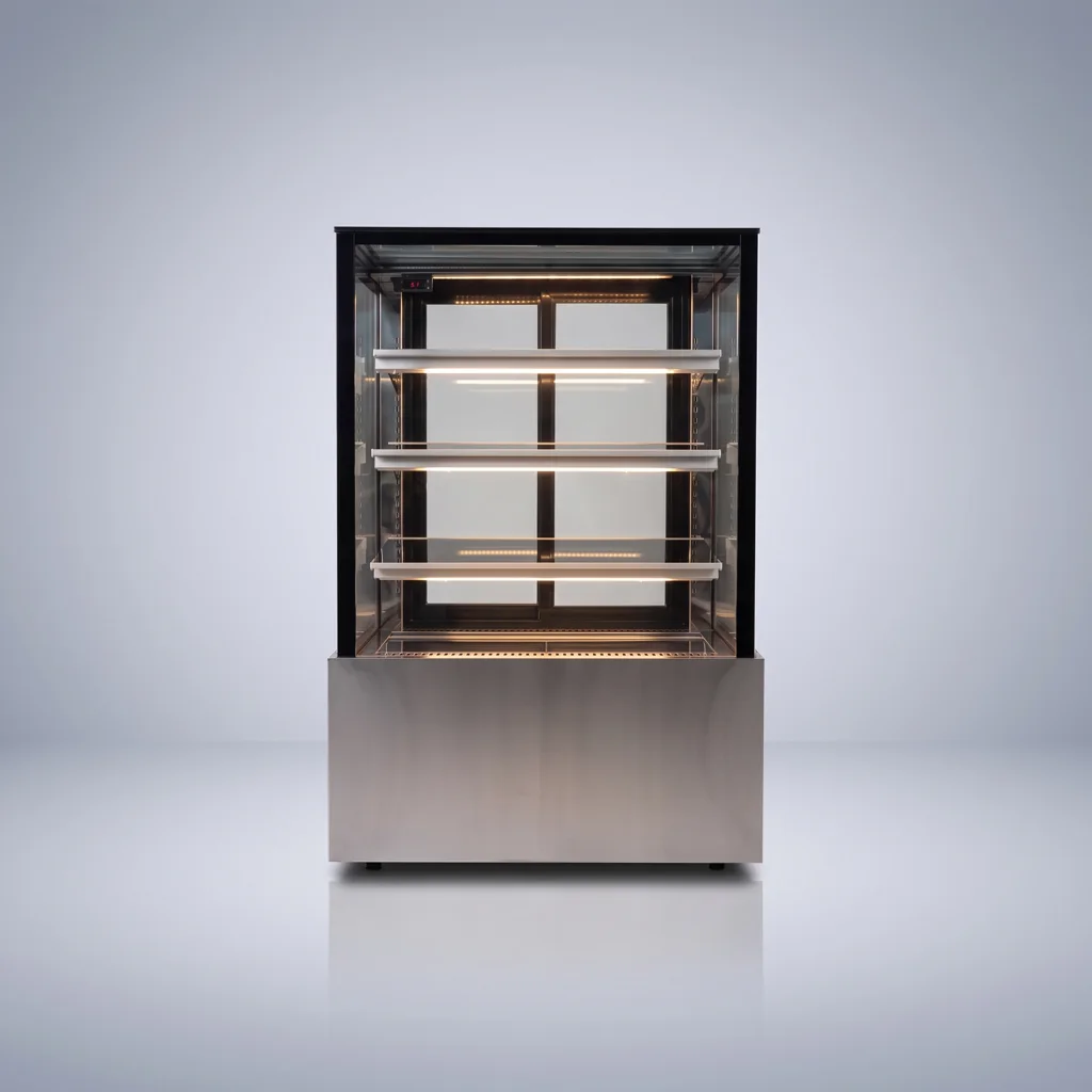 AANRS cake chiller rental Singapore, Kojima Four-Layer Cake Display Chiller B90L4-S-W (Warm LED / 90cm / Steel Finishing), full unit on a plain studio background