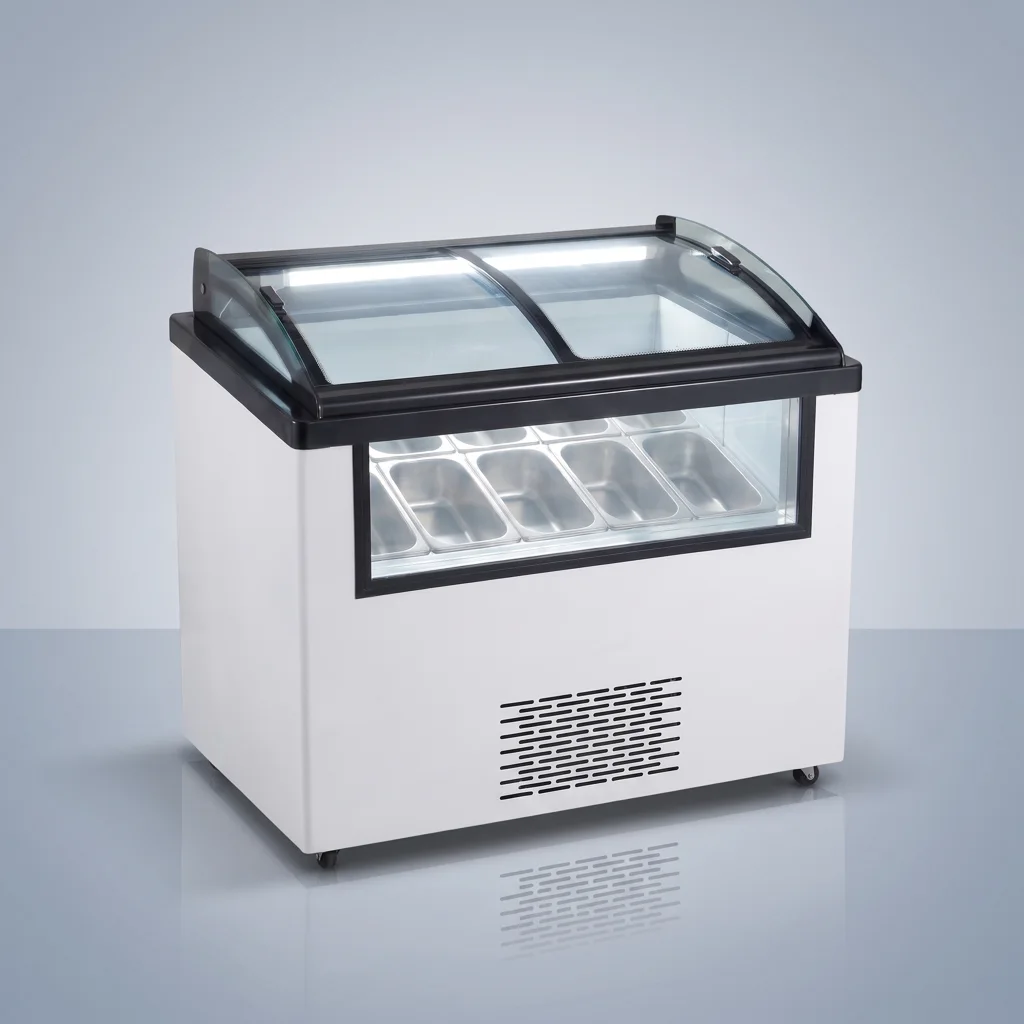 AANRS gelato freezer rental Singapore, Kojima Gelato Display Freezer 7 Tub (Indoor Event Only), full unit on a plain studio background